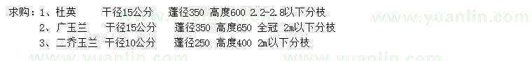 求购杜英、广玉兰、二乔玉兰