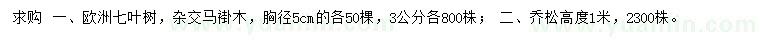 求购欧洲七叶树、杂交马褂木、乔松