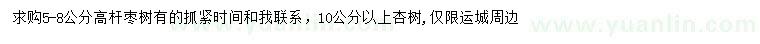 求购5-8公分高杆枣树、10公分以上杏树