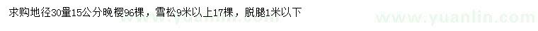 求购30公分量15公分晚樱、9米以上雪松