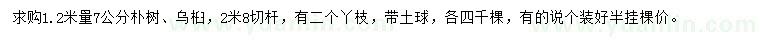 求购1.2米量7公分朴树、乌桕