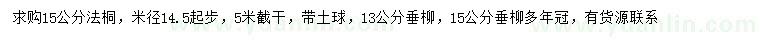 求购米径14.5公分以上法桐、13、15公分垂柳