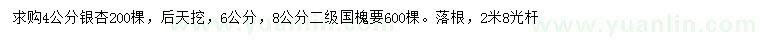 求购4公分银杏、6、8公分国槐