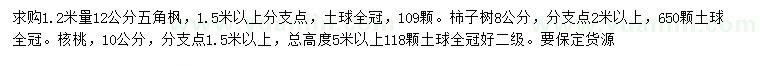 求购1.2米量12公分五角枫、10公分核桃树