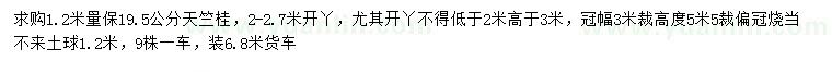 求购1.2米量19.5公分天竺桂