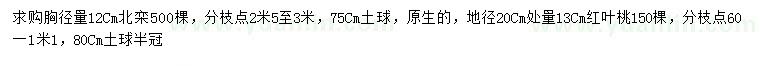 求购胸径12公分北栾、20量13公分红叶桃