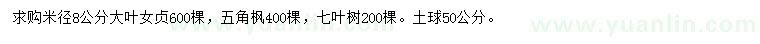 求购大叶女贞、五角枫、七叶树