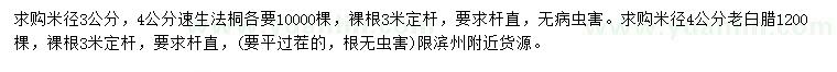 求购米径3、4公分速生法桐、4公分老白蜡