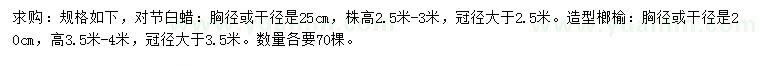 求购胸径或干径25公分对节白蜡、20公分造型榔榆