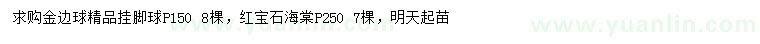 求购冠幅150公分金边球、250公分红宝石海棠