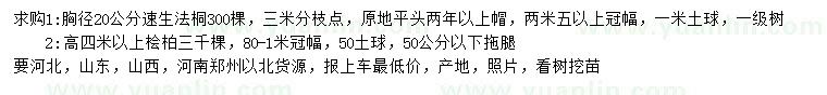 求购胸径20公分速生法桐、高4米以上桧柏