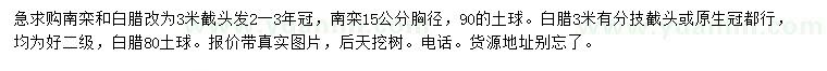 求购胸径15公分南栾、3米白腊