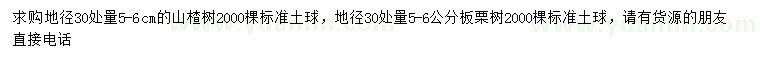 求购地径30处量5-6公分山楂树、板栗树