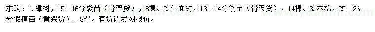 求购樟树、仁面、木棉