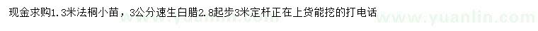 求购1.3米法桐小苗、3公分速生白腊