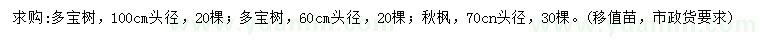 求购头径60、100公分多宝树、70公分秋枫