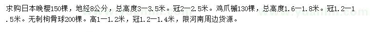 求购日本晚樱、鸡爪槭、无刺枸骨球