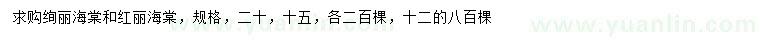 求购12、15、20公分绚丽海棠、红丽海棠