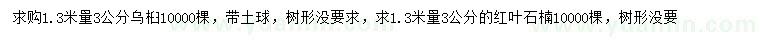 求购1.3米量3公分乌桕、红叶石楠