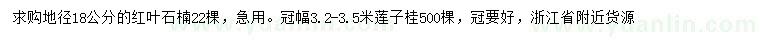 求购地径18公分红叶石楠、冠幅3.2-3.5米莲子桂