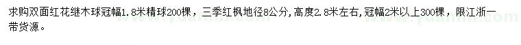 求购冠幅1.8米双面红花继木球、地径8公分三季红枫
