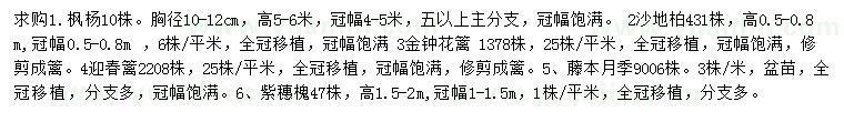 求购枫杨、沙地柏、金钟花等