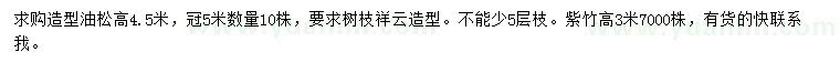 求购高4.5米造型油松、高3米紫竹