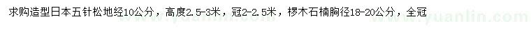 求购地径10公分日本五针松、胸径18-20公分椤木石楠