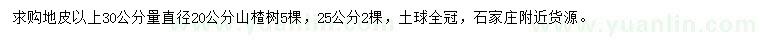 求购地皮以上30公分量直径20、25公分山楂树