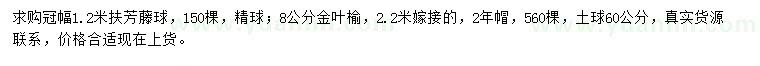 求购冠幅1.2米扶芳藤球、8公分金叶榆