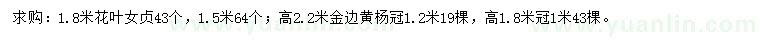 求购1.5、1.8米花叶女贞、高1.8、2.2米金边黄杨