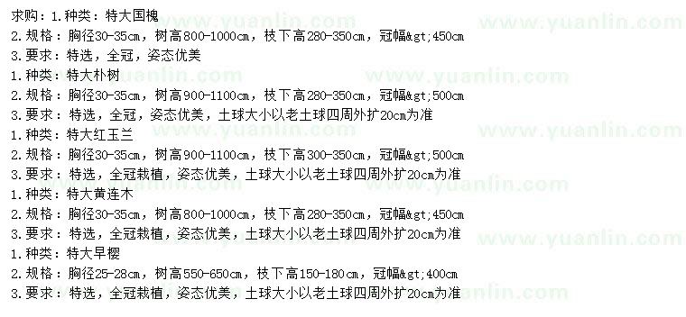 求购国槐、朴树、红玉兰等