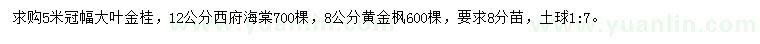 求购大叶金桂、西府海棠、黄金枫