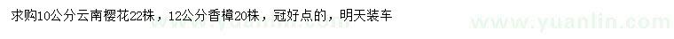 求购10公分云南樱花、12公分香樟