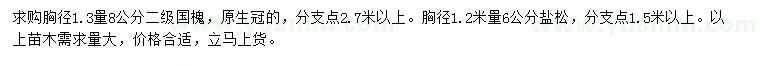 求购1.3米量8公分国槐、1.2米量6公分盐松