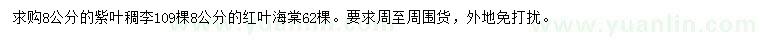 求购8公分紫叶稠李、红叶海棠