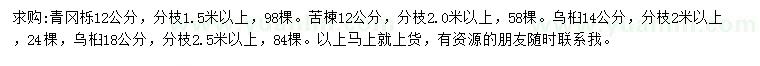 求购青冈栎、苦楝、乌桕