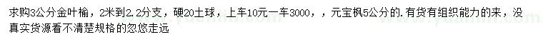 求购3公分金叶榆、5公分元宝枫