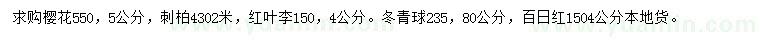 求购樱花、刺柏、红叶李等