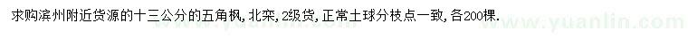 求购13公分五角枫、北栾