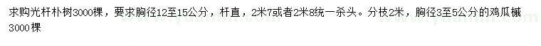 求购胸径12-15公分朴树、胸径3-5公分鸡瓜槭