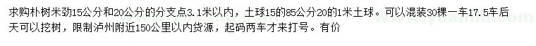 求购米径15、20公分朴树