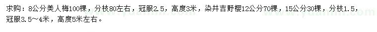 求购8公分美人梅、12公分染井吉野樱