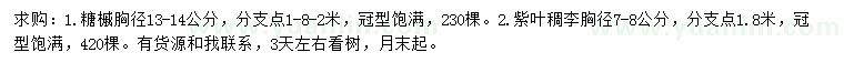 求购胸径13-14公分糖槭、胸径7-8公分紫叶稠李