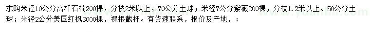 求购高杆石楠、紫薇、美国红枫