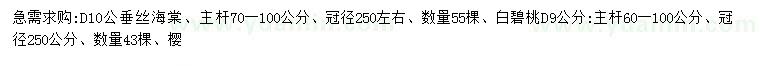 求购地径10公分垂丝海棠、地径9公分白碧桃