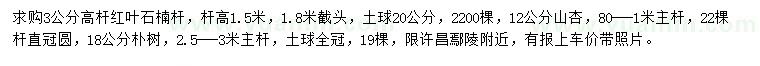 求购高杆红叶石楠、山杏、朴树