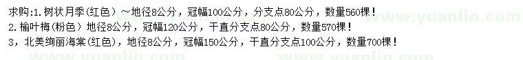 求购树状月季、榆叶梅、北美绚丽海棠