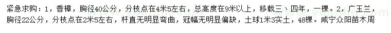 求购胸径40公分香樟、胸径22公分广玉兰