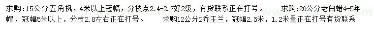 求购五角枫、老白蜡、二乔玉兰